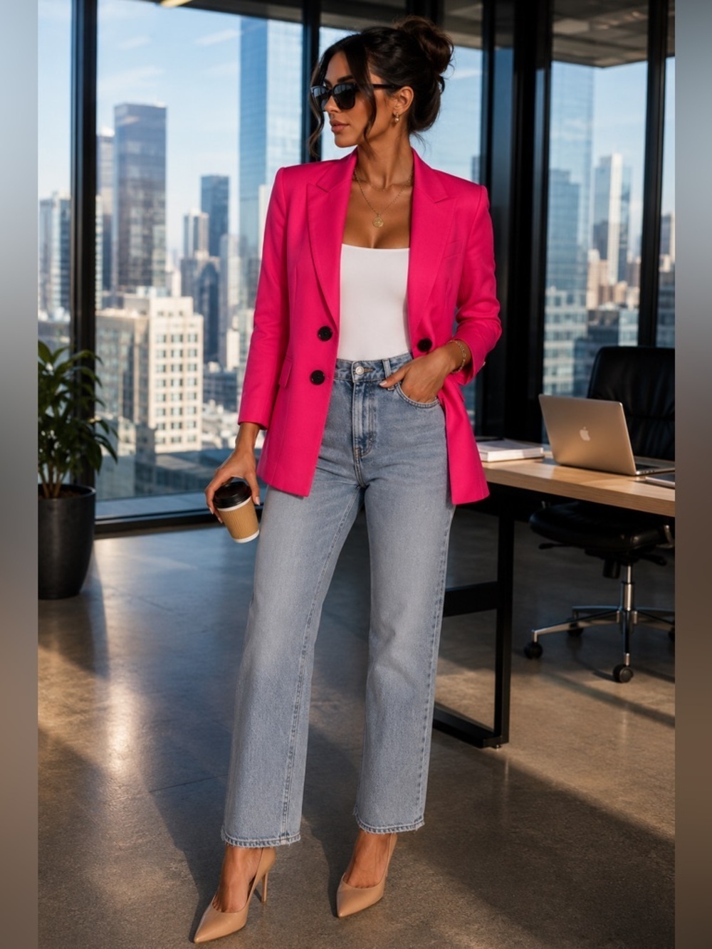 Le Suit Hot Pink Double Breasted Blazer Jacket Career Barbiecore Chic